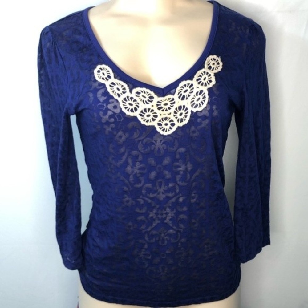 LILKA Days Gone By Burnout Embroidery Top from Anthropologie in Blue Size S